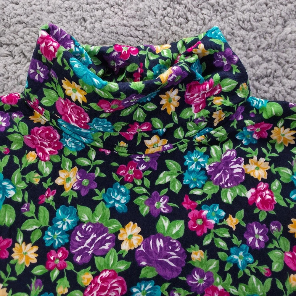 Hunt Club Womens Small Floral Turtleneck Long Sleeve Cotton Top Navy Pink Multi
